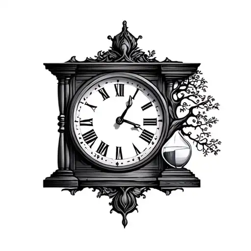 Clock And Hour Glass And Tree