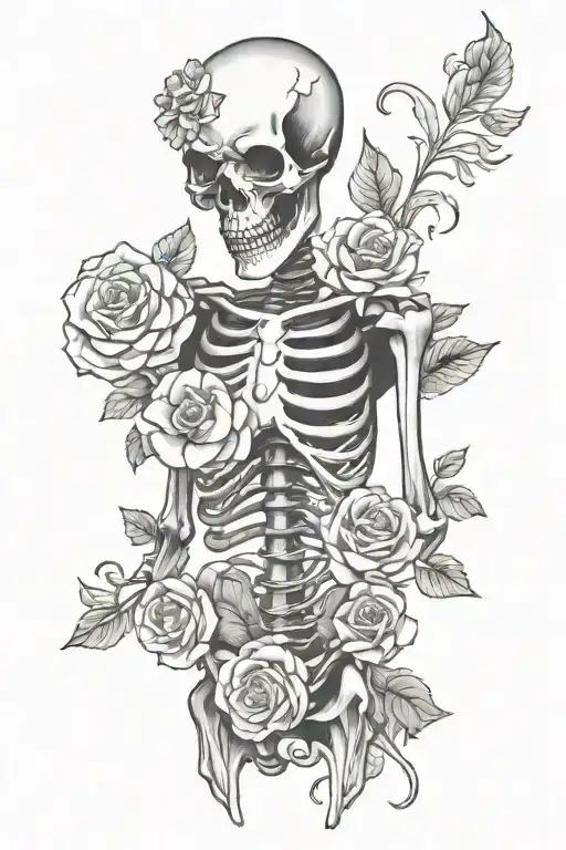 Skeleton And Heart And Flowers