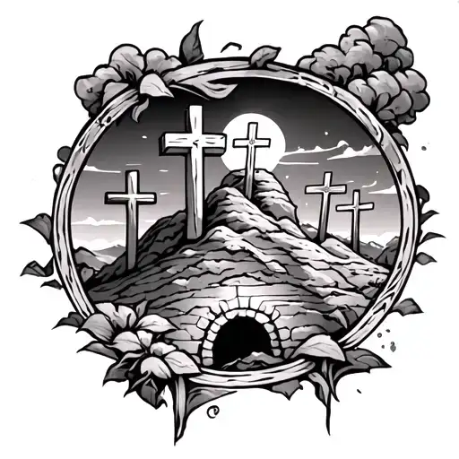 Jesus Empty Tomb And 3 Crosses On A Hill Dark Sky Filled