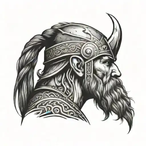 Viking Head Profile With Braids Un Front Of An Ax Blade