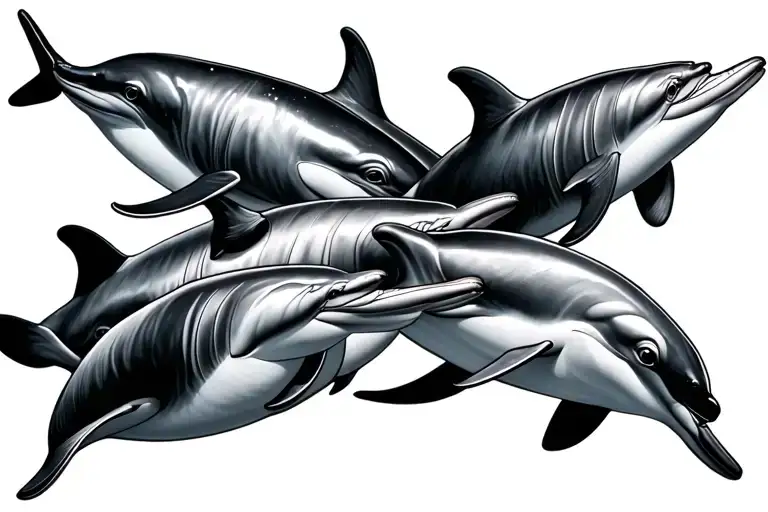 6 Individual Dolphins Swimming Together Representing A Pod Of Dolphins