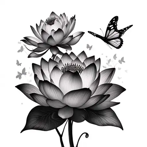 Lotus Flowers With Butterflies Fluttering