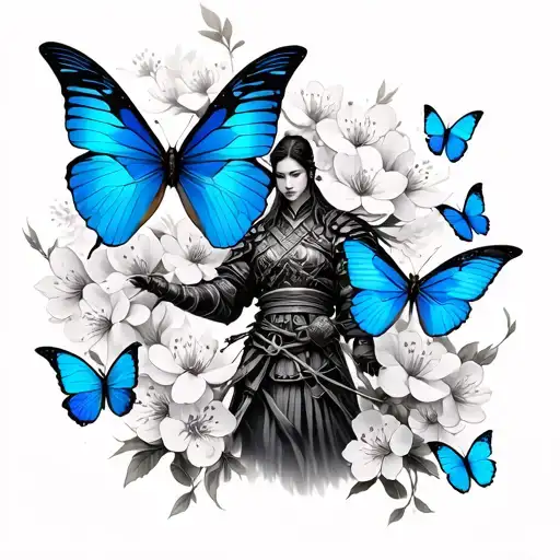 Japanese Cherry Blossom Blue Butterflies And A Warrior