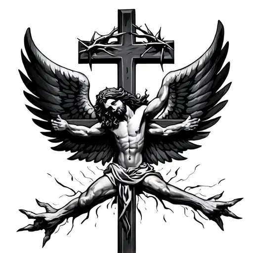 Holy Cross With Wings And Crown Of Thorns Floating Above With No Jesus