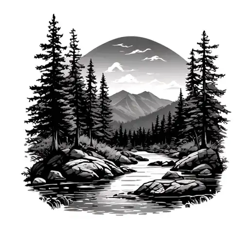 Creek Running Through Southern Pines With Smoky Mountains In Background