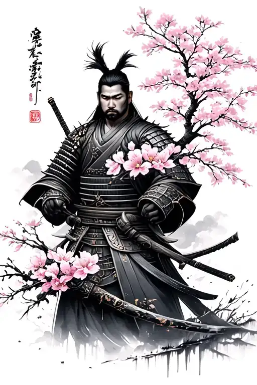 Backgraound Cherry Blossom Tree And Flowers Wiht Samurai