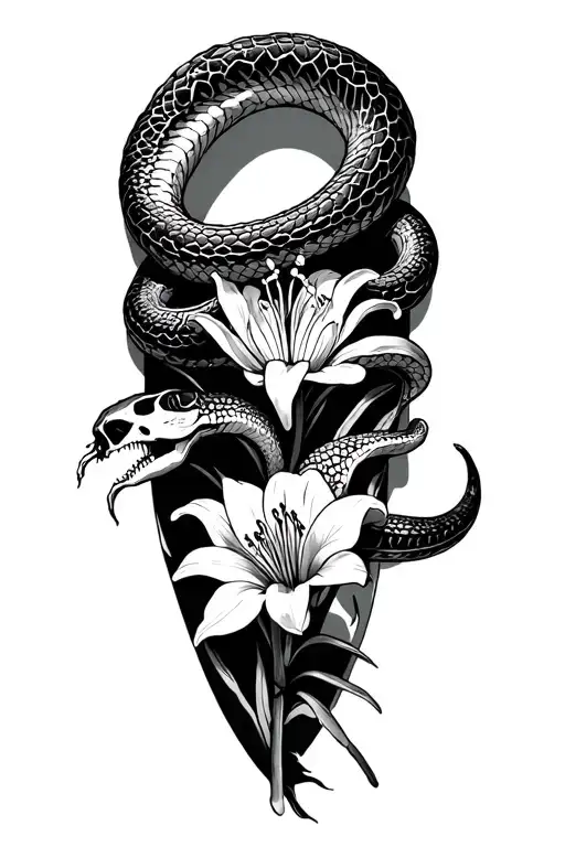 One Is Just A Skeleton Snake And A Normal Snake And A Spider Lily In The Middle