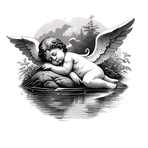Sleeping Cherub Sat On Riverbank