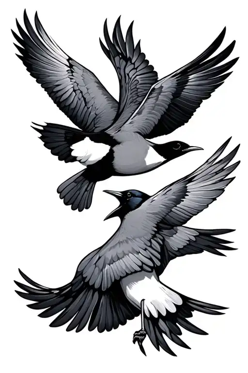 2 Magpie Flying Together
