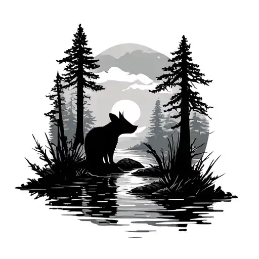 Forest Theme With A Small Central Animal Silhouette That Leads To Water