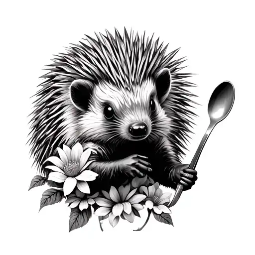 Porcupine Holding Spoon Surrounded By Flowers