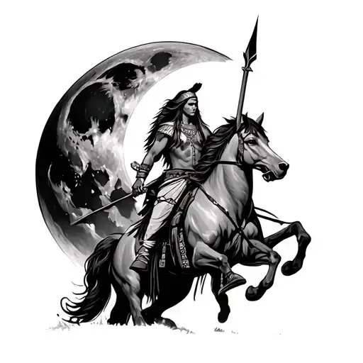 Indian On Horse With Spear Through Chest With A Wolf As The Moon