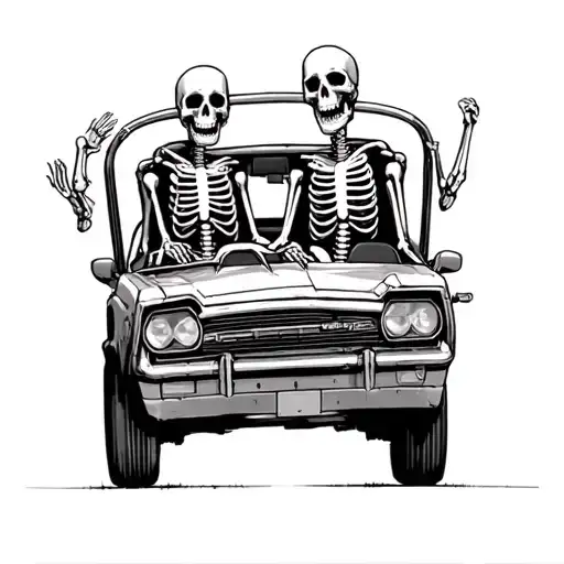 2 Skeleton Cousins Riding In A Car That Almost Died Together In An Accident
