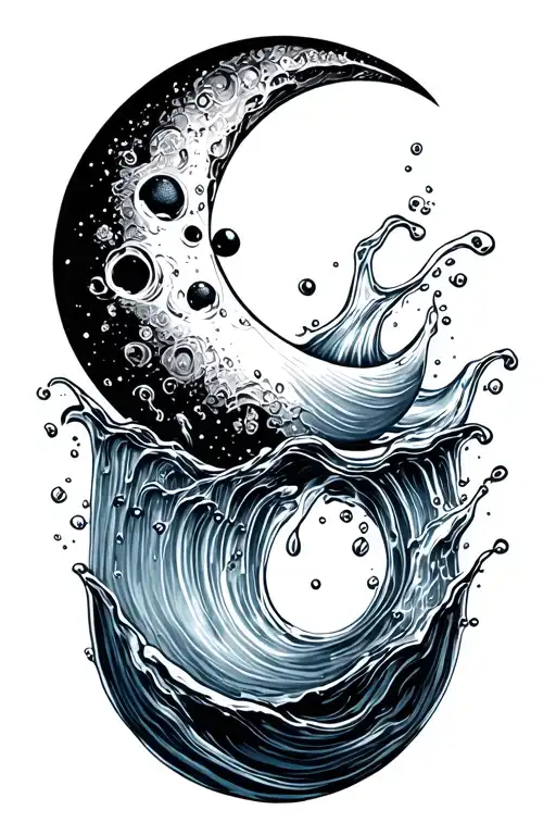 Thin Crescent Moon Pouring Water Into Suminagashi Pattern