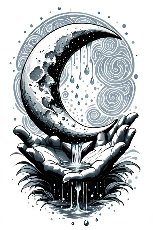 Thin Crescent Moon Held By Two Hands Pouring Water Dripping Down Into Squiggle Pattern