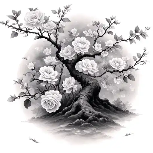 Cherry Blossom Tree Fading Into Roses Growing