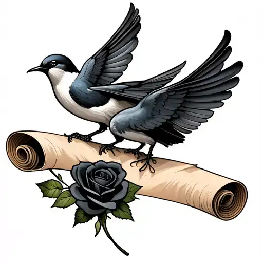 2 Swallows Holding A Scroll In Their Beak With A Black Rose At The Bottom Left Of The Scroll