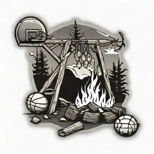 A Campfire Scene With A Basketball Hoop In The Background