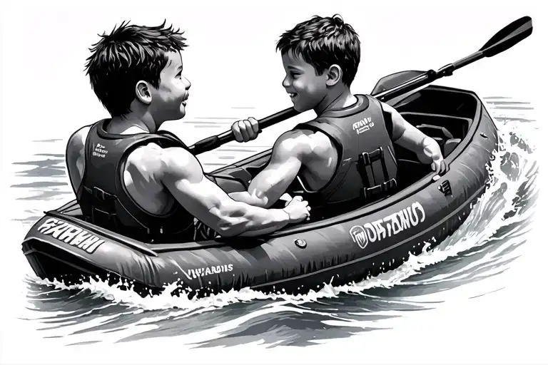 Father And Son In Inflatable Kayak Whitewater Father In Back Son In Front