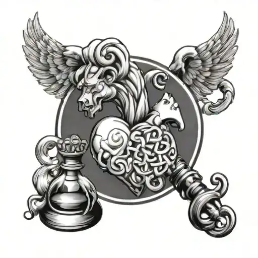 Conceptual Tattoo Of Chain Heart Greek God Symbol In Alchemy Chess Piece And Brain