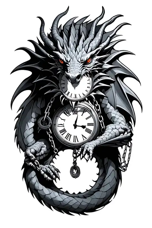 Dragon Surrounded By Roman Numeral Clocks And Chains