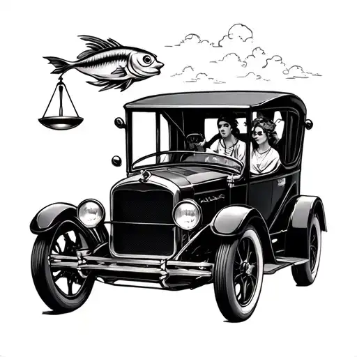 Libra And Pisces And Retro Car Driving