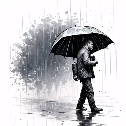 A Man Walking In The Rain With An Umbrella