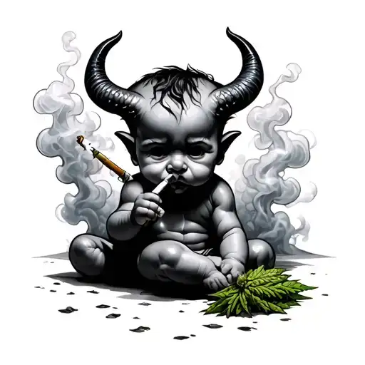 Baby Devil Rolling A Weed Joint Surrounded By Smoke