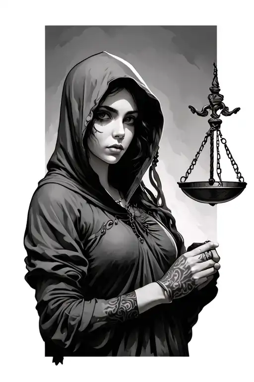 Hooded Female Figure Holding A Scale