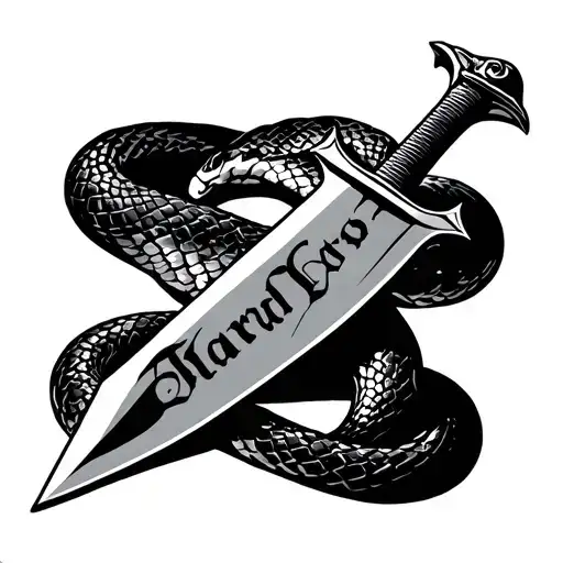 Cross Sword Made From Words With A Snake Wrapped Around It