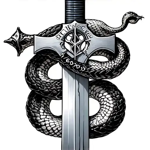 Cross Sword Made From Words With A Snake Wrapped Around It