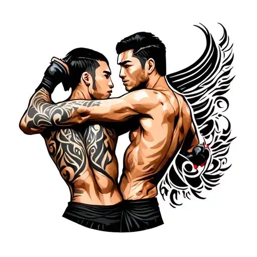 Tribal Tattoo Two Fighters Having Each Others Back