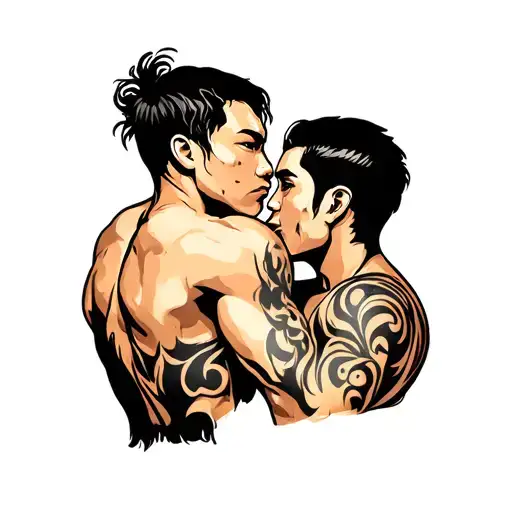 Tribal Tattoo Two Fighters Having Each Others Back All Black And Grey