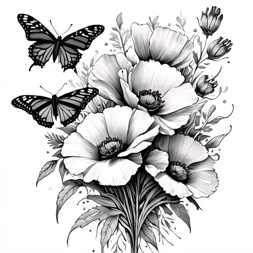 Spine Tattoo Native Mexican Purepecha Art With California Poppies And Monarch Butterflies No Color