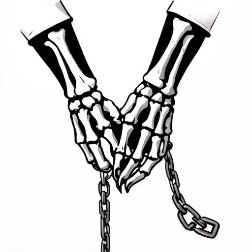 Human Hand And Skeleton Hand Holding Each Other With A Chain Binding Them Both