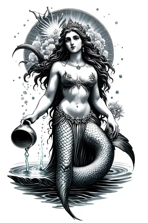 Aquarius Goddess With Mermaid Tail Holding Water Bearer Pouring Water