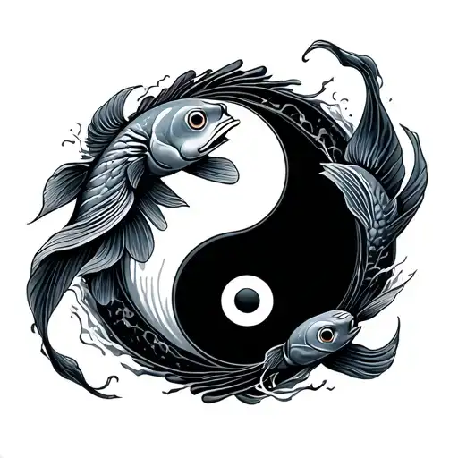 Yin And Yang Symbol With Koy Fish Swimming Around The Outside Of The Symbol