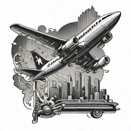 A Tattoo Design Of A Stylized Airplane Flying Over A City Skyline Made Up Of Musical Instruments