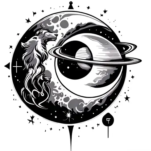 A Tatoo Of A Waxing Crescent Moon With Zodiac Symbols Of Aquarius And Leo With Saturn