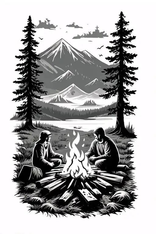Camping In Nature And Sitting 3 People Around The Fire