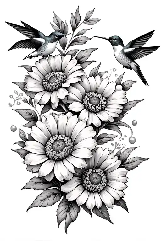 Marigold Flowers And Two Hummingbirds