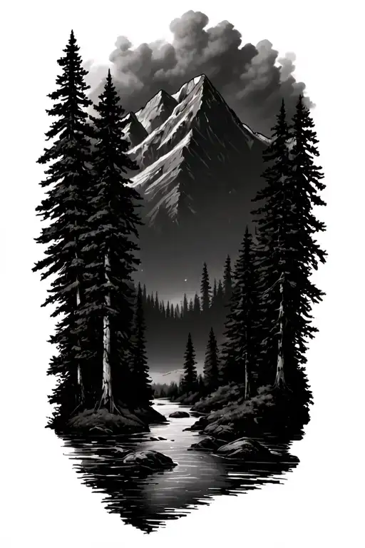 Long Cedar Trees Leading Up To Smokey Tall Moutains With A River Wrapping The Bottom