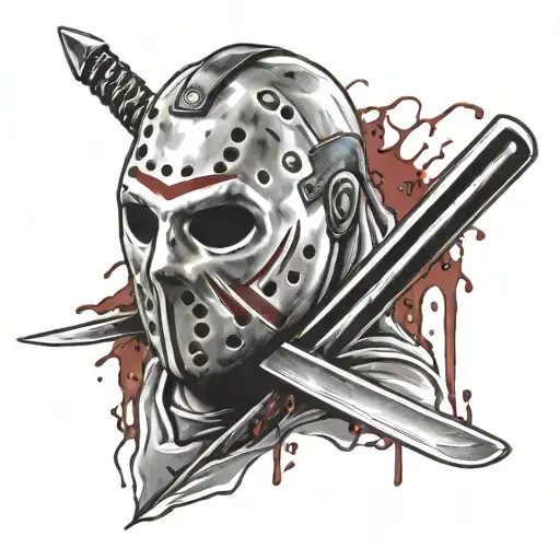 Jason Voorhees Mask With His Blooded Machete Slashing Through It