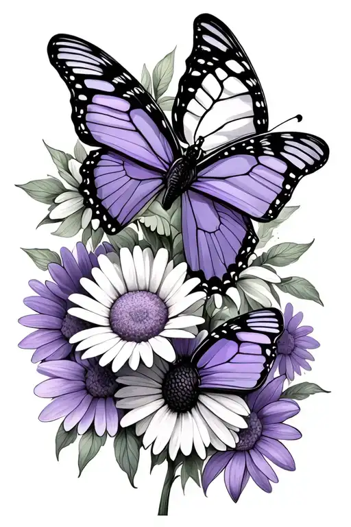 2 Butterflies With A Daisy And Violet Flower Bouquet