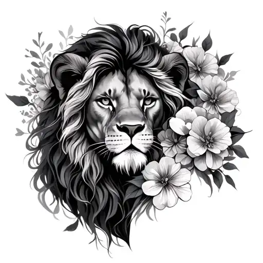 Woman And Lion Surrounded By Flowers Wrapped