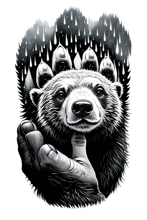 I Would Like A Bear Paw Holding It's Cubs Finger With Rain In The Background