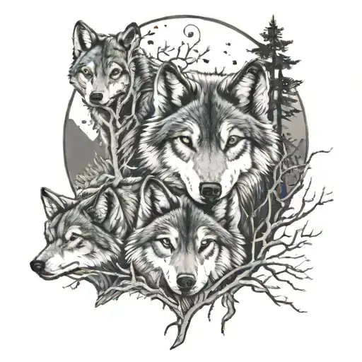 The Adult Wolves Three Baby Wolves Trees Creek Full Moon And A Angle