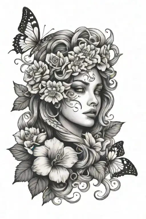 Flowers And Butterflies On The Forearm And Then Medusa At The Top Of The Arm