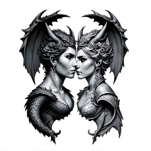 Mirroring Couple Tattoo Pisces Male Virgo Female Gargoyle Warrior