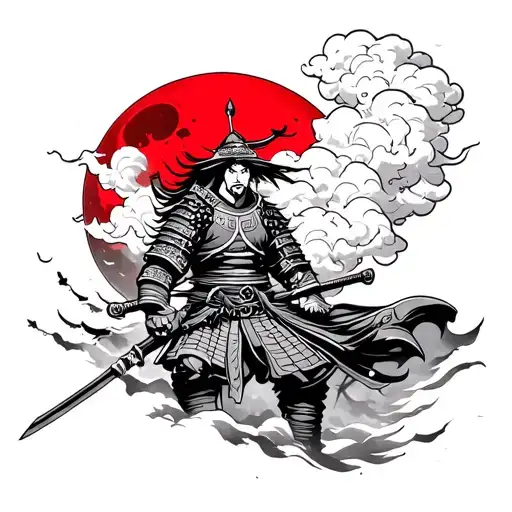 Samurai Warrior Coming From Red Moon With Cloud Settled On Lowe Body